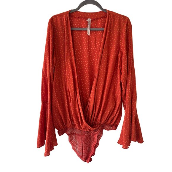 Free People Orange Red Polka Dot Wrap Bodysuit Bell Sleeve Chic Statement Piece - Picture 2 of 9